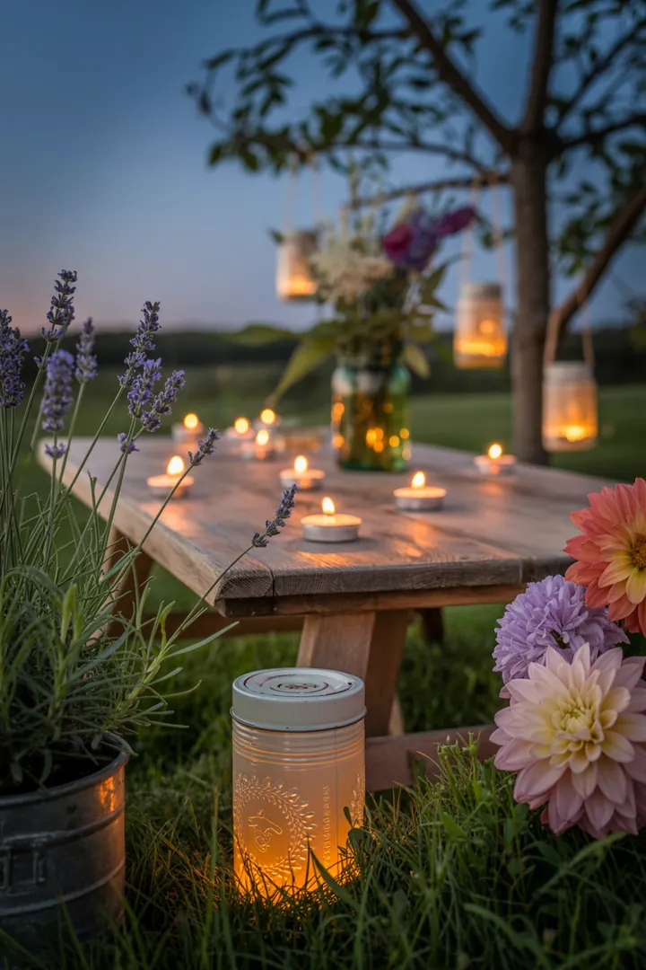 Fröhliche Frühlingsfeier im Freien mit pastellfarbener Dekoration, gemütlichen Sitzmöglichkeiten, festlicher Beleuchtung und einem bunten Buffet. Perfekte Stimmung für Spiele und Musik unter einem Pavillon.