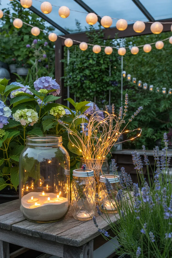 Bunte Außenansicht mit festlicher Frühlingsdekoration, gemütlichen Sitzgelegenheiten, stimmungsvoller Beleuchtung und inspirierenden Buffetideen für eine fröhliche Gartenfeier im Freien.