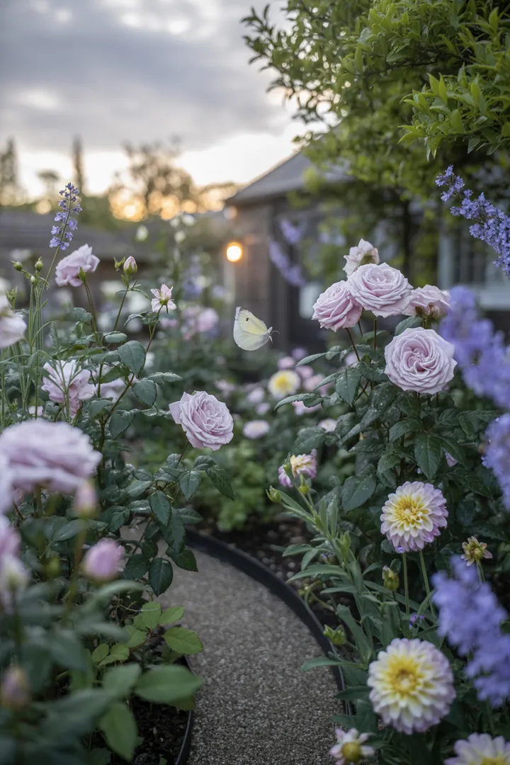 Ein lebendiger Frühlingsgarten mit bunten Blüten, frischem Grün und vorbereiteten Gartenmöbeln, die bereit sind für gesellige Stunden im Freien.