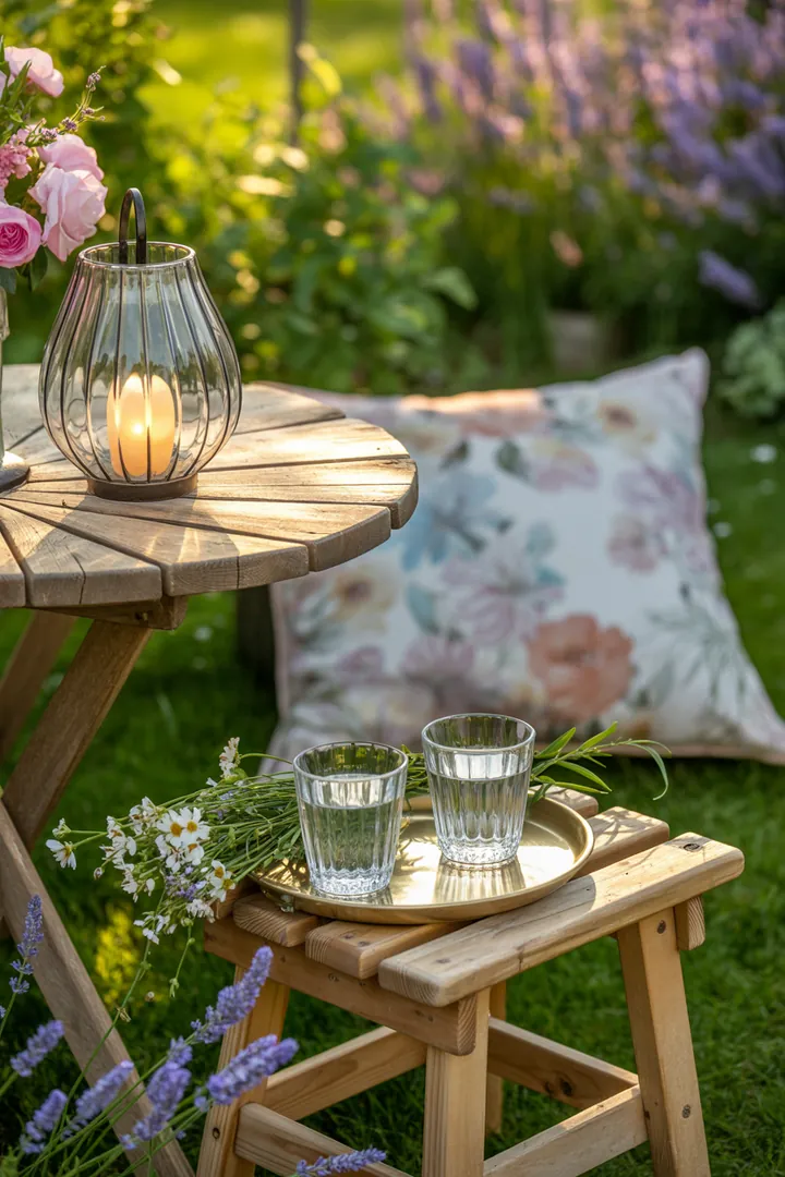 Frühe Blüten erhellen die Landschaft, während Gartenmöbel für die Saison bereitgestellt werden. Ein einladender Outdoor-Bereich erwacht zum Leben.