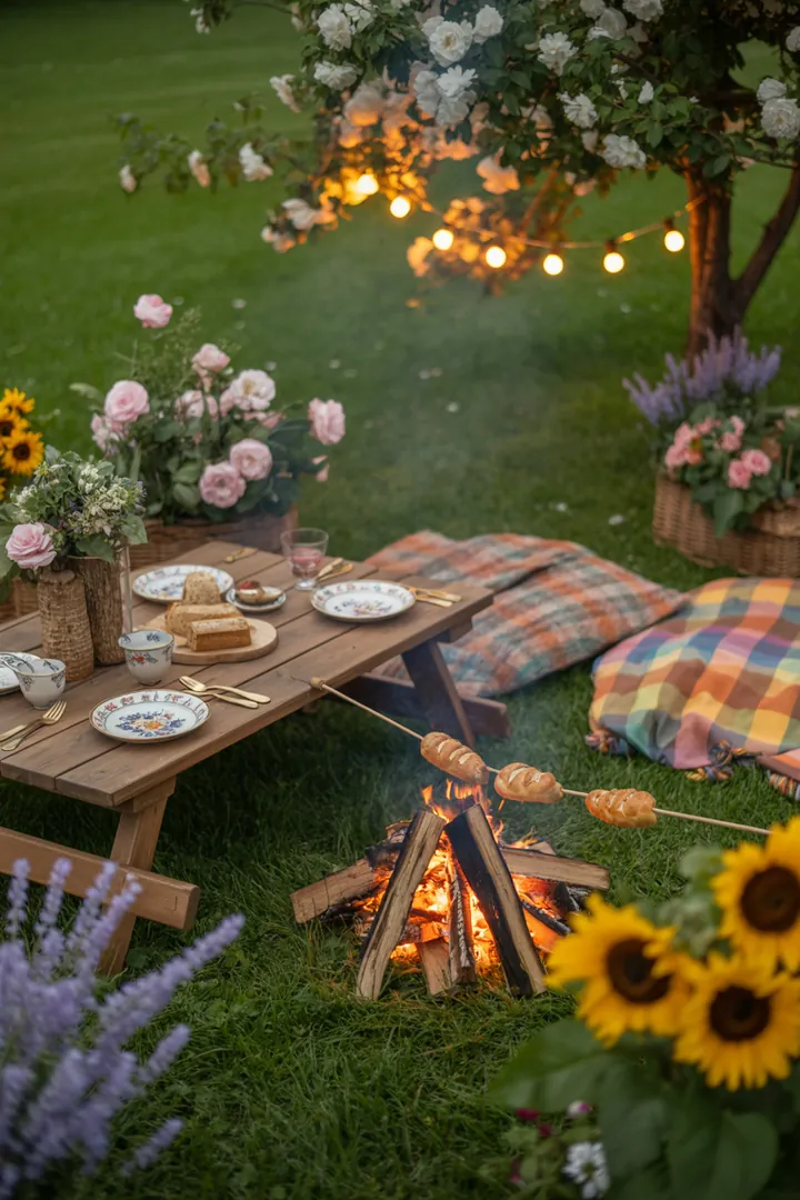 Ein lebendiger Garten im Frühling, in dem die ersten Blüten sprießen, fröhliche Farben leuchten und Gartenmöbel bereit für gesellige Momente im Freien sind.