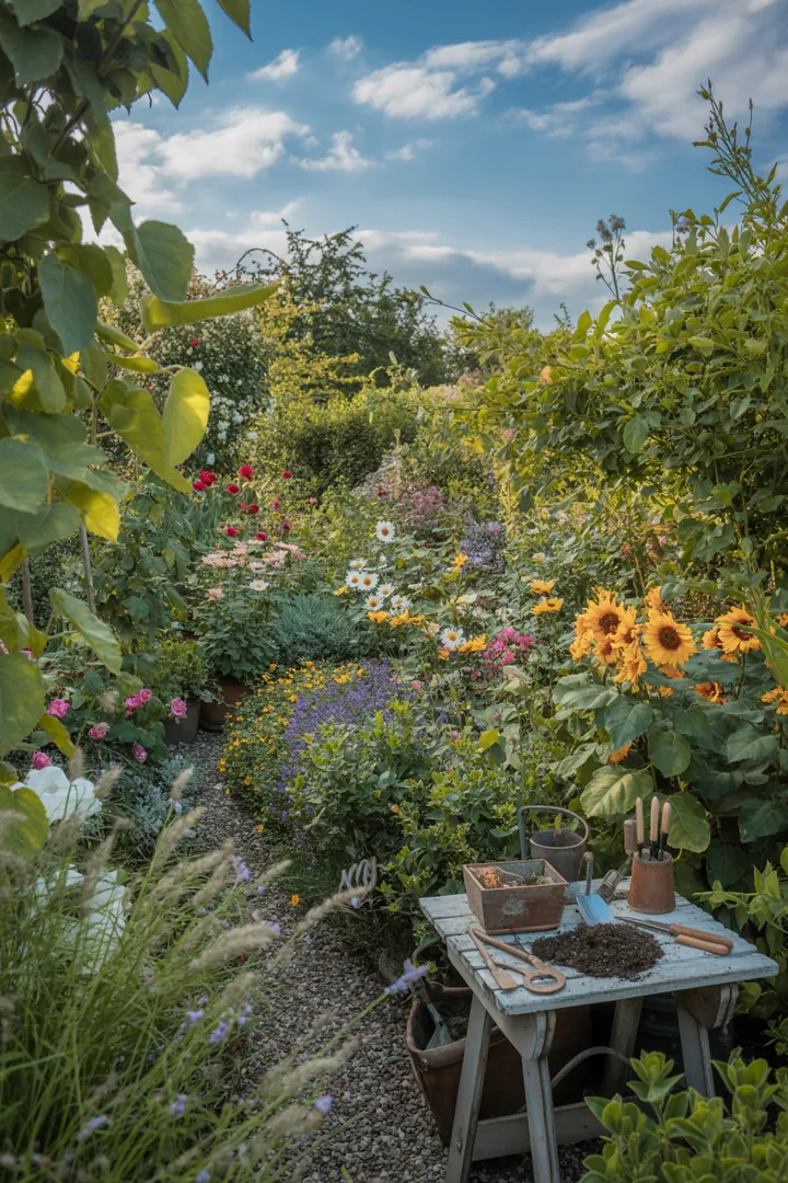 Ein fröhliches Gartenbild zeigt die ersten Anzeichen des Frühlings: bunte Blüten sprießen, frisches Grün entfaltet sich und Gartenmöbel stehen bereit für gesellige Stunden im Freien.