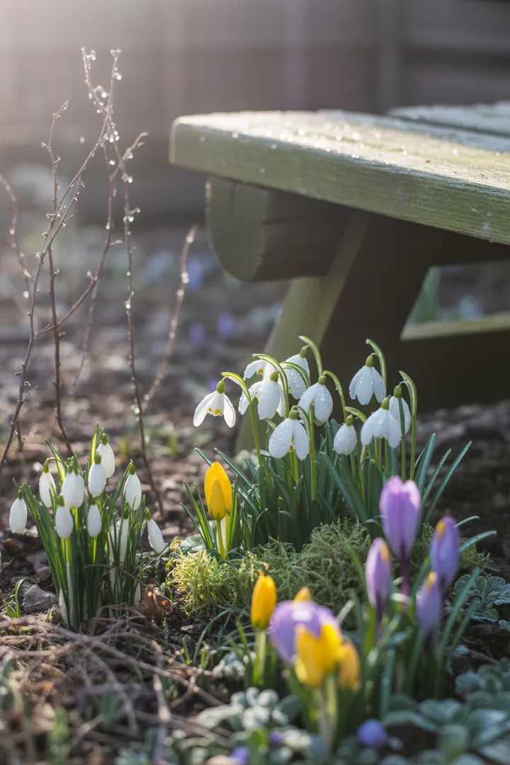 Frühlingserwachen im Garten: Die ersten Blüten zeigen sich, während Möbel für den Außenbereich bereitstehen. Eine bunte Oase entsteht mit frischen Pflanzen und lebendigen Farben, während die Natur zum Leben erwacht.