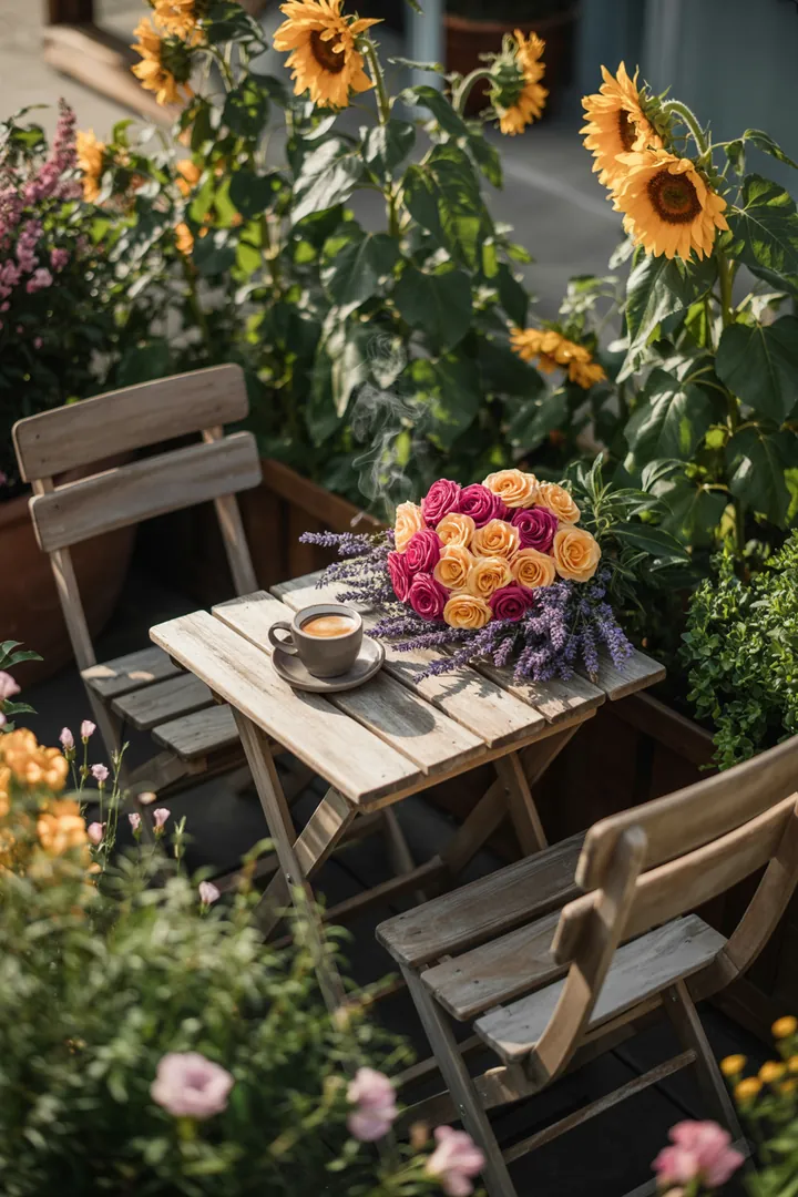Erste Anzeichen von Leben im Garten, mit bunten Blüten und neuem Grün, während die Outdoor-Ausstattung auf den Frühling vorbereitet wird. Einladende Atmosphäre für frische Gartenaktivitäten und die Rückkehr von Tieren.