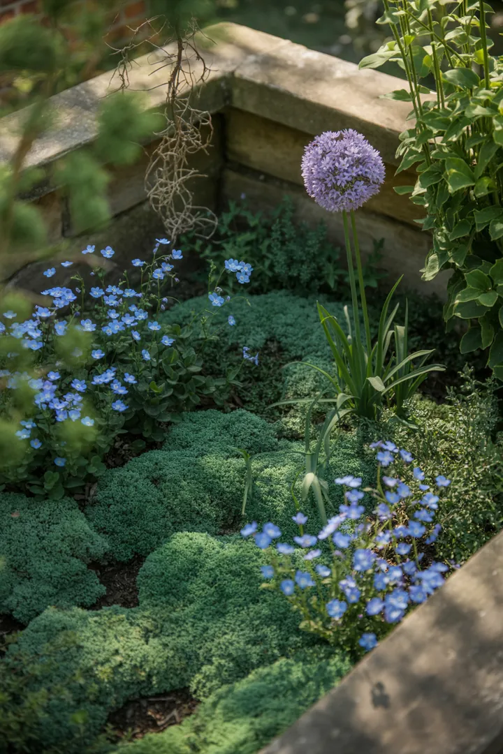 Bunt blühende Pflanzen und kreative Sitzbereiche im Frühling, die kleinen Gärten neues Leben verleihen und gleichzeitig Insekten anziehen.