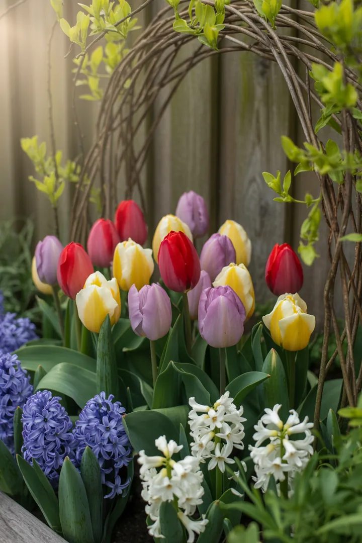 Vibrante Farbenspiele und geschmackvolle Gestaltungsideen für kleine Gärten im Frühling, die blühende Pflanzen, gemütliche Sitzbereiche und naturnahe Strukturen harmonisch vereinen.