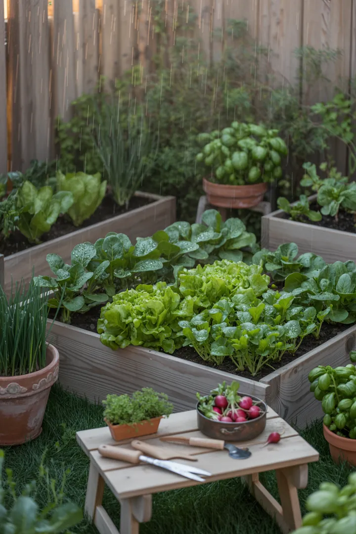 Zarte Blüten in lebhaften Farbtönen schmücken einen gepflegten Garten mit neu gestalteten Sitzbereichen. Die harmonische Anordnung von Pflanzen und Rasen schafft eine einladende Atmosphäre für Insekten und Vögel.