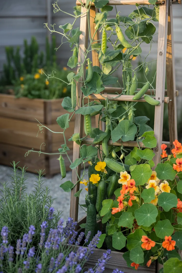 Bunt blühende Pflanzenarrangements und kreative Sitzgelegenheiten in einem gepflegten Garten, der im Frühling neues Leben erweckt.