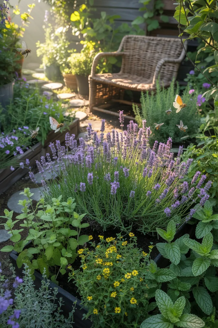 Bunt blühende Pflanzen und kreative Gartenideen für kleine Außenbereiche im Frühling, die Vögel und Insekten anziehen, während sie eine harmonische Struktur aus Beeten und Rasen bieten.
