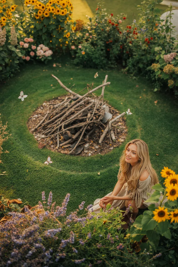 Bunte Frühlingsblüten in einem kleinen Garten, der innovative Sitzbereiche und harmonische Farben zeigt, während frisches Grün und tierfreundliche Pflanzen ideale Bedingungen für den Frühling schaffen.