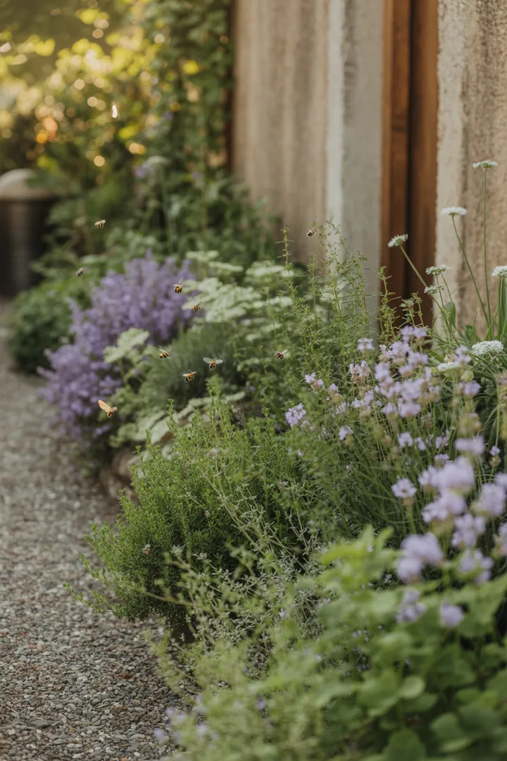 Bunte Frühlingsbeete mit blühenden Pflanzen und neuen Sitzbereichen, umgeben von frischem Grün und cleverer Strukturplanung für einen einladenden Garten.