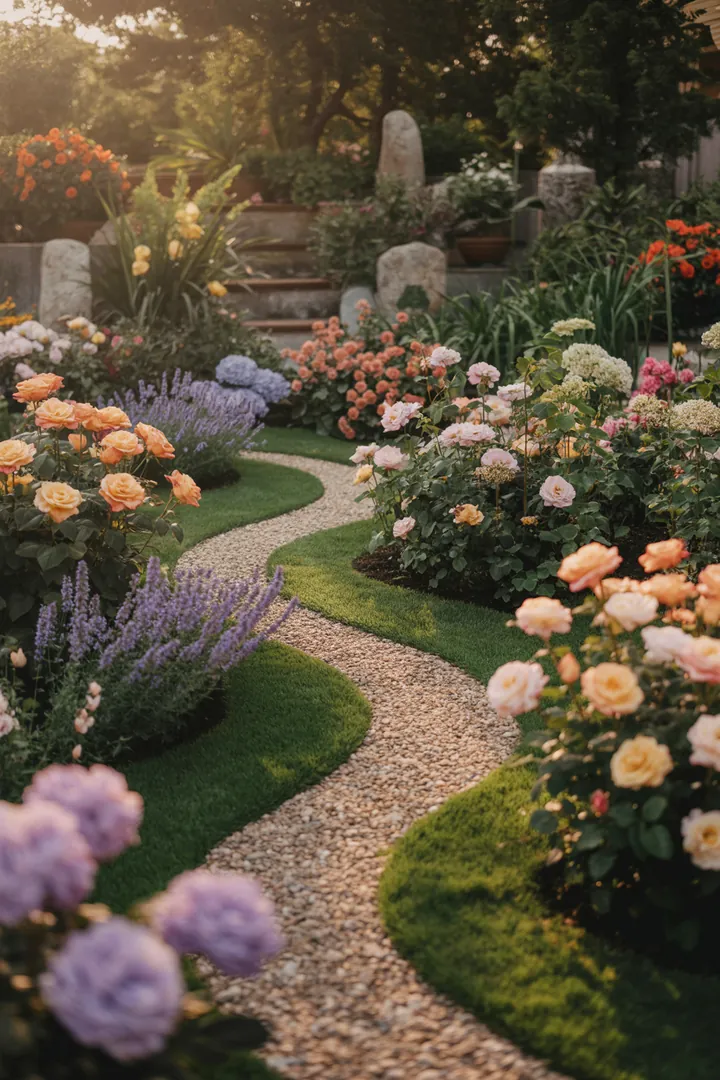 Bunte Frühlingsblüten in einem kleinen Garten, der kreative Sitzbereiche und neue Wege zeigt, ergänzt durch sanfte Beleuchtung und strukturierte Beete für ein harmonisches Gesamtbild.