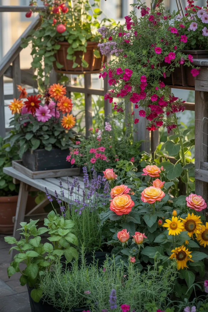 Bunt blühende Pflanzenarrangements für kleine Gärten, die fröhliche Farben kombinieren und neue Sitzbereiche schaffen. Tipps zur Frühjahrsbeleuchtung und Pflege für ein einladendes, tierfreundliches Ambiente.