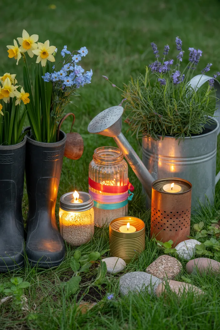 Lebendige Frühlingslandschaft mit bunten Pflanzen, gemütlichen Sitzbereichen und harmonischen Strukturen, die Naturfreundschaft und nachhaltige Pflege fördern.