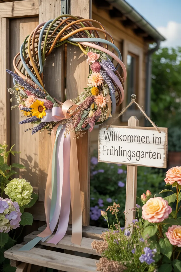 Bunte Frühlingsbeete mit vielfältigen Pflanzen, innovative Sitzbereiche, harmonische Farbkombinationen und strukturierte Gartenplanung für eine einladende Outdoor-Oase.