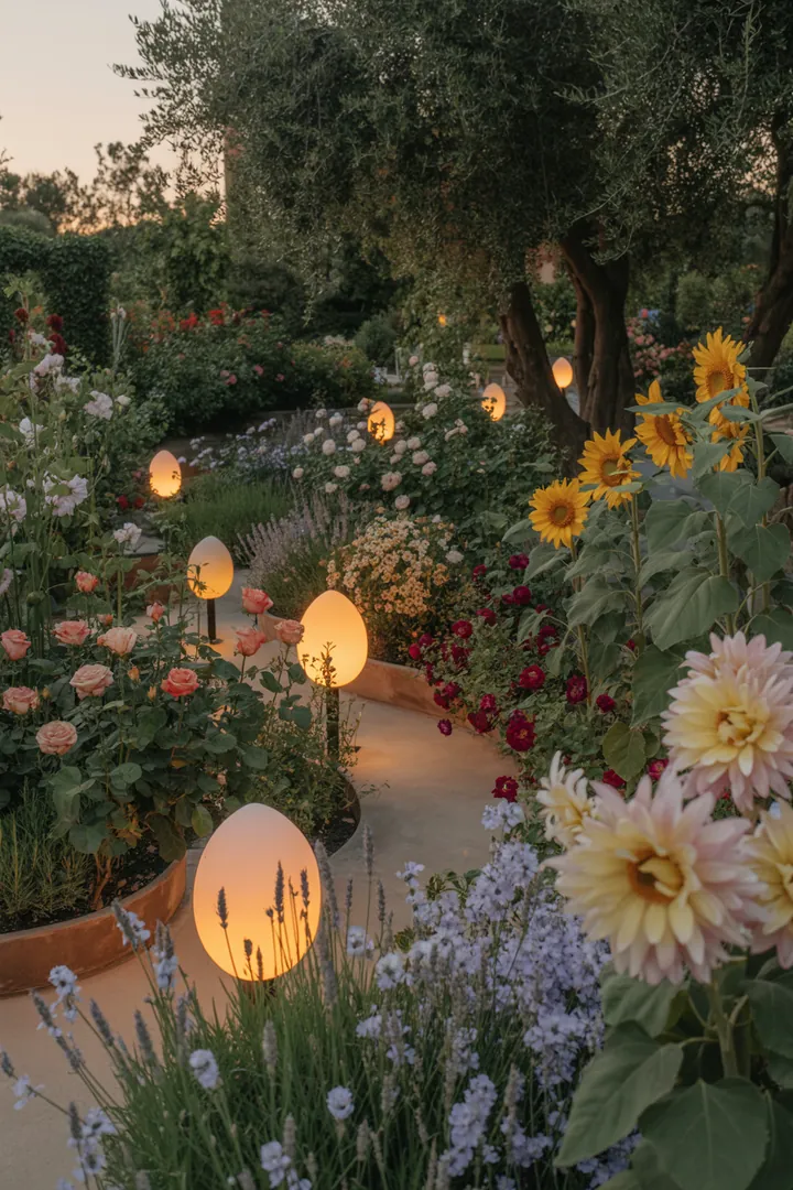 Bunte Frühlingsblüten und strukturierte Gartenbereiche mit Sitzgelegenheiten, die einladend wirken und Naturfreunde anziehen.