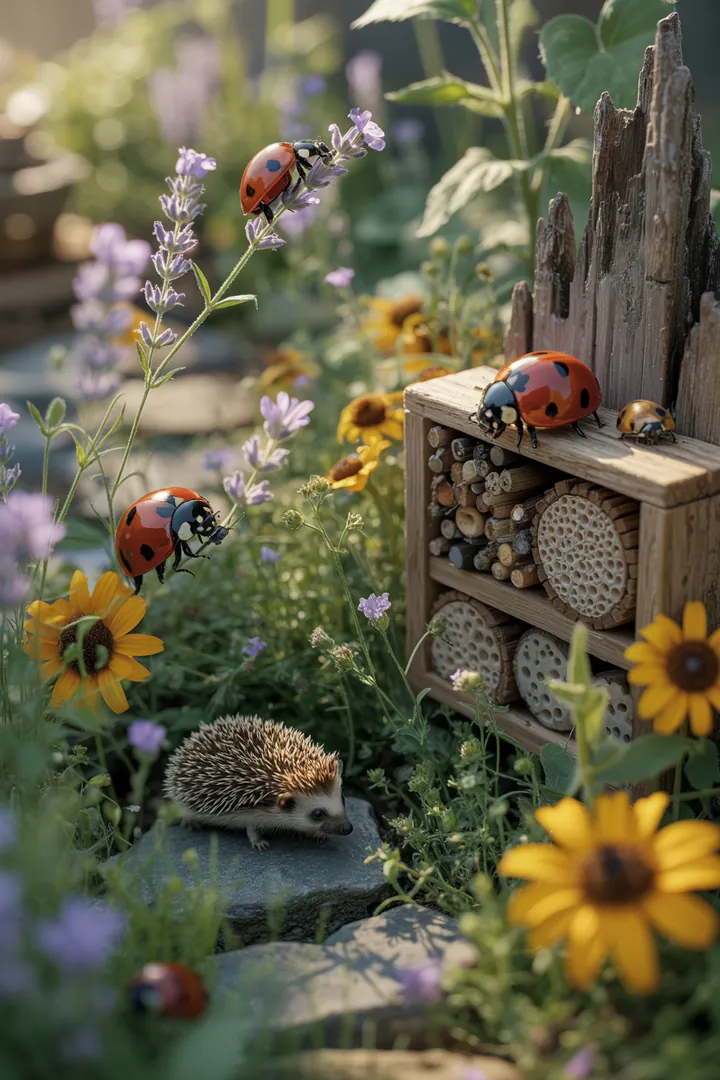 Bunte Frühlingslandschaft mit vielfältigen Pflanzenarrangements, die kleine Gärten beleben. Neue Sitzbereiche laden zum Entspannen ein, während kreative Beleuchtung und strukturierte Beete für ein einladendes Ambiente sorgen.