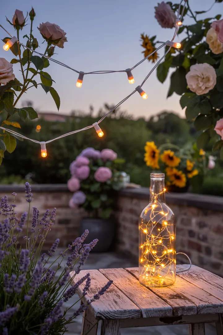 Bunte Frühlingslandschaft mit kleinen Gärten, die durch blühende Pflanzen und kreative Sitzbereiche lebendig werden. Ein harmonisches Zusammenspiel aus Farben und strukturierten Beeten, das einladende Rückzugsorte für Tiere schafft.