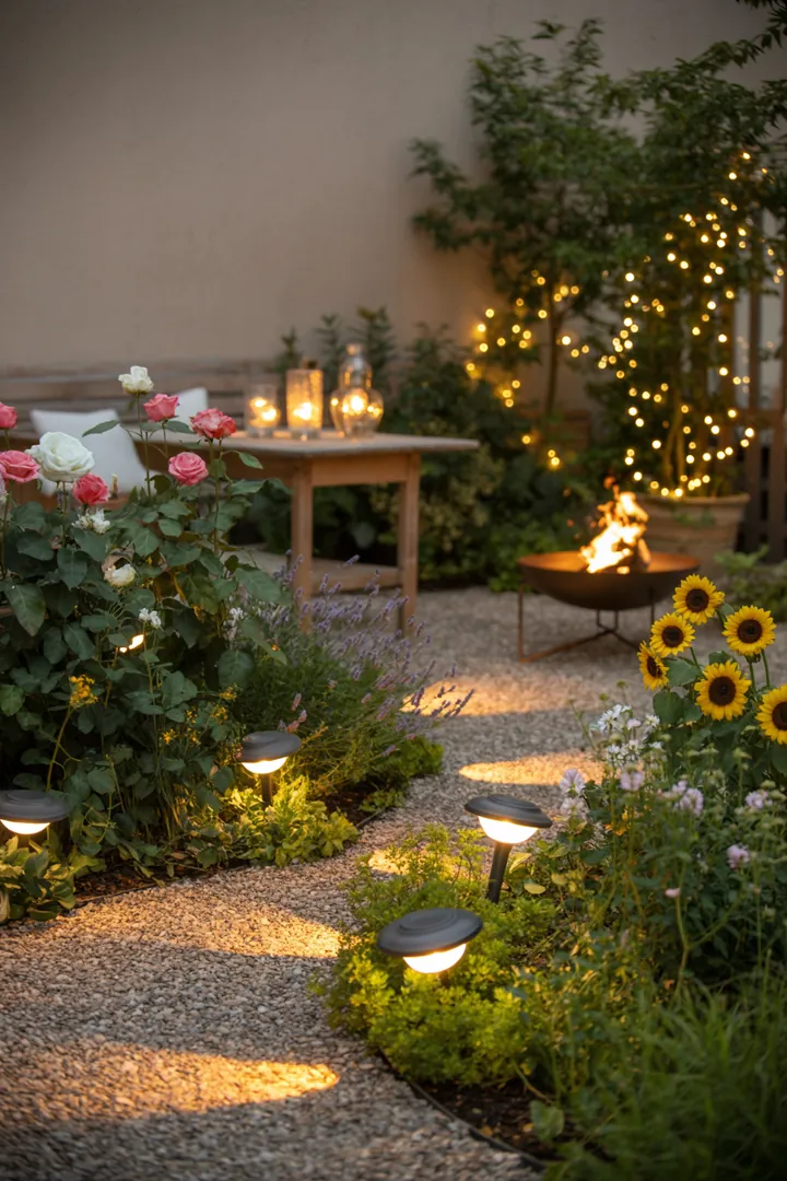 Bunt blühende Gartenlandschaft mit abwechslungsreichen Pflanzen, die harmonische Farbnuancen bieten; innovative Sitzbereiche und Pfade laden zum Entspannen ein, während nachhaltige Gestaltungsmöglichkeiten für Tiere und schnelles Wachstum sorgen.