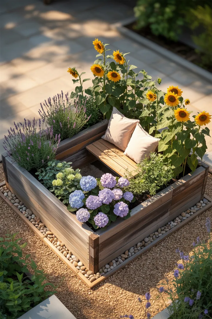 Bunt blühende Pflanzen verschönern kleine Gärten im Frühling, während kreative Sitzbereiche und strukturierte Beete für einladende Rückzugsorte sorgen.