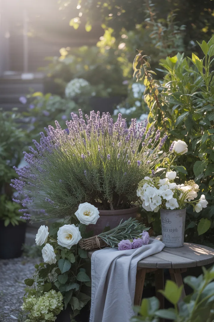 Bunt blühende Pflanzen und kreative Sitzbereiche in einem kleinen Garten, ideal für den Frühling; Fokus auf strukturierte Beete und umweltfreundliche Pflegekonzepte.