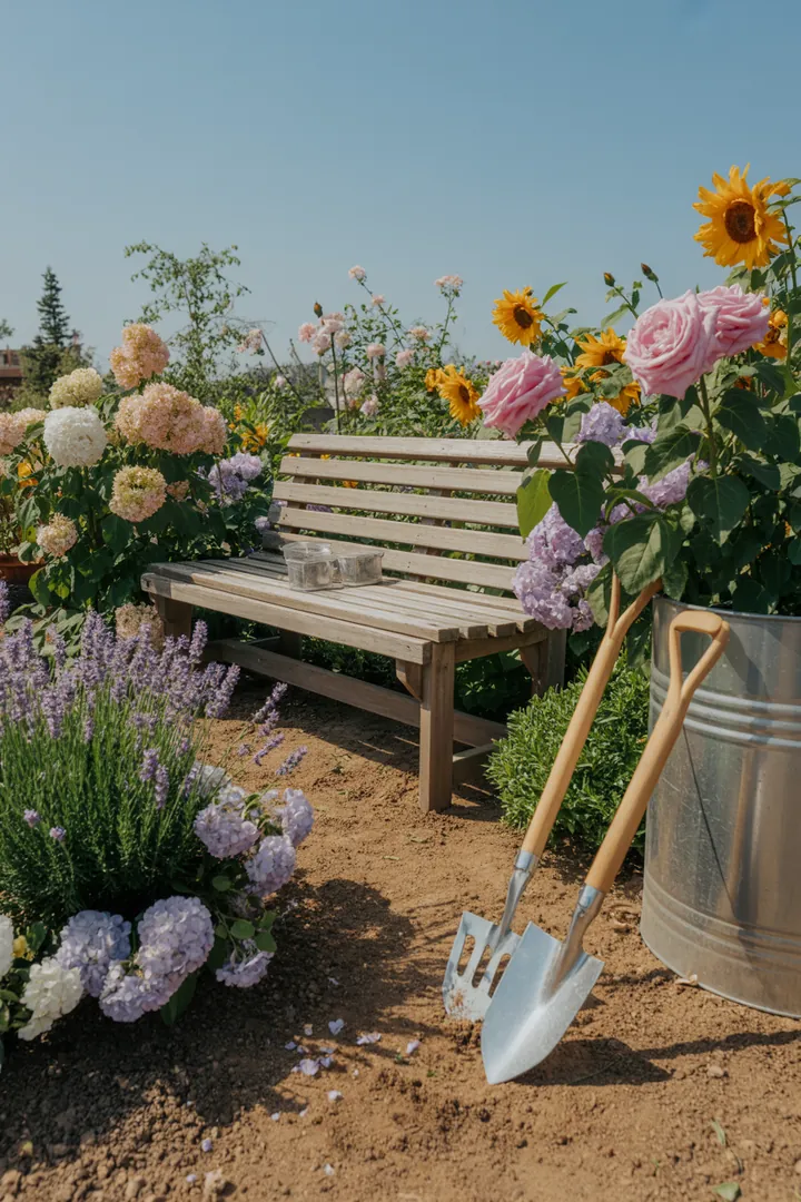 Bunte Blüten und frisches Grün in einem kleinen Garten, der kreative Sitzbereiche und strukturierte Beete für den Frühling präsentiert, ideal für Pflanzenfreunde und Naturliebhaber.