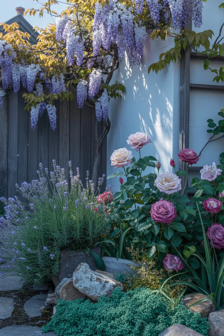 Bunt blühende Pflanzenarrangements für kleine Gärten, kreative Sitzmöglichkeiten und strukturierte Beete im Frühling, die eine einladende Atmosphäre schaffen und die Tierwelt fördern.