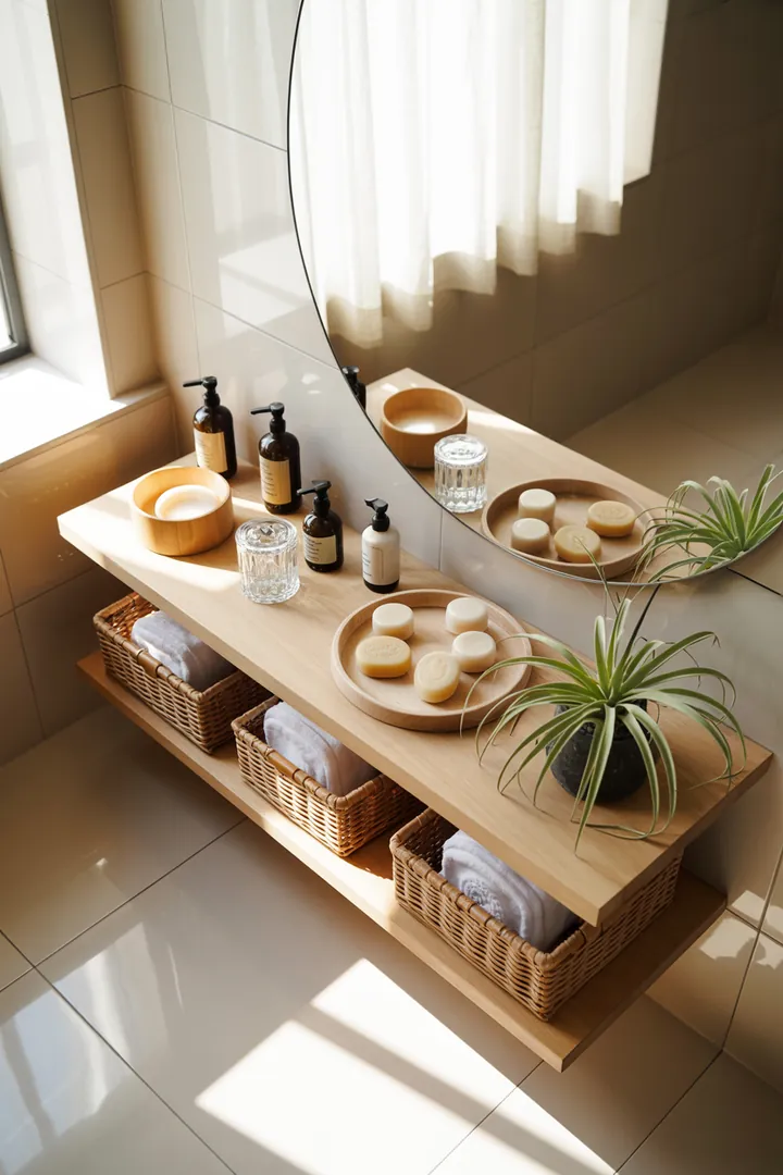 Ein stilvolles Wandregal aus Holz mit mehreren Kisten, ideal zur Aufbewahrung und Dekoration in einem modernen Raum.