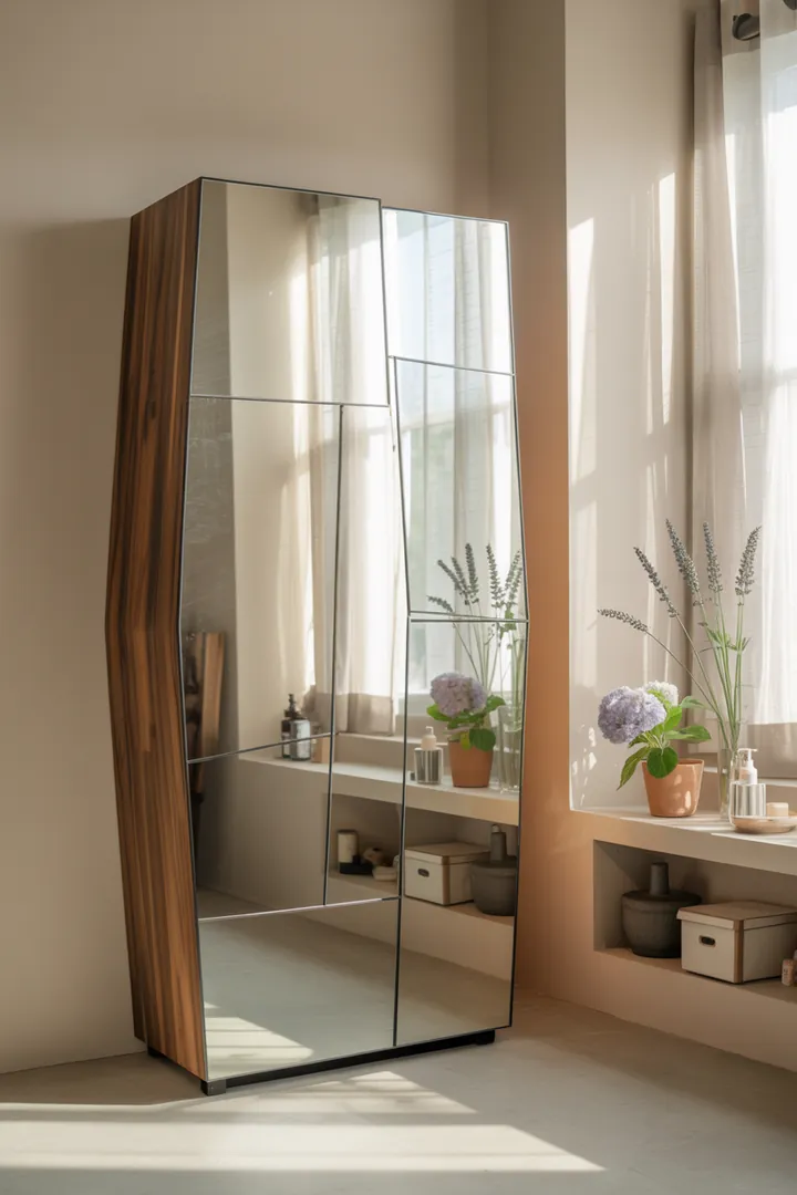 Ein stilvolles Wandregal aus Holz, das mit dekorativen Kisten gefüllt ist und zusätzlichen Stauraum bietet, ideal für jeden Raum.