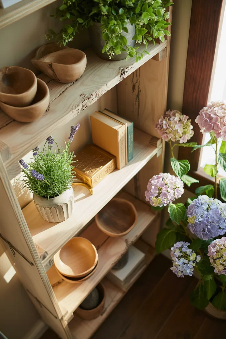 Ein stilvolles Wandregal aus Holz, das mit dekorativen Kisten gefüllt ist und eleganten Stauraum bietet, ideal für jedes Zimmer.