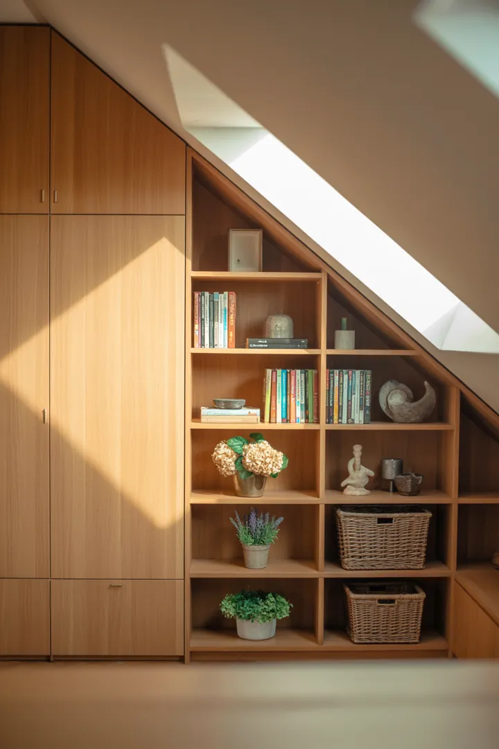 Ein stilvolles Wandregal aus Holz mit dekorativen Kisten, das zusätzlichen Stauraum und Ordnung in einem modernen Raum schafft. Ideal für Bücher und Deko.