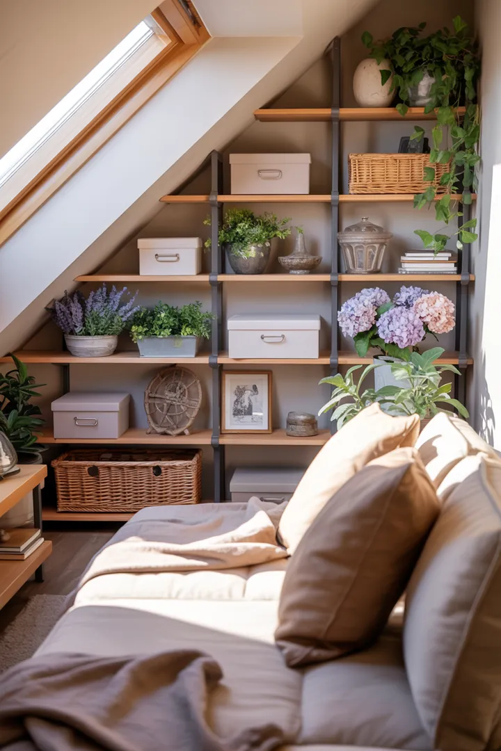 Ein stilvolles Wandregal aus Holz mit dekorativen Kisten, die für zusätzlichen Stauraum sorgen und das Ambiente des Raumes aufwerten.