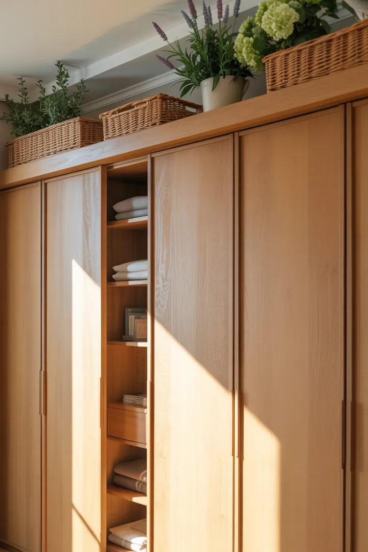 Eine stilvolle Kombination aus einem Wandregal und einem modernen Schrank, dekoriert mit bunten Kisten und kreativen Accessoires zur optimalen Raumnutzung.