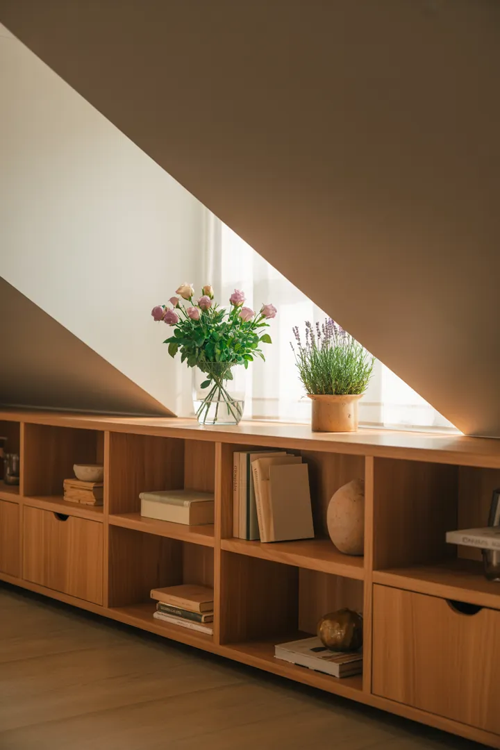 Ein stilvolles Wandregal aus Holz mit dekorativen Kisten, das Ordnung schafft und jeden Raum aufwertet. Ideal für Bücher und Deko-Elemente.