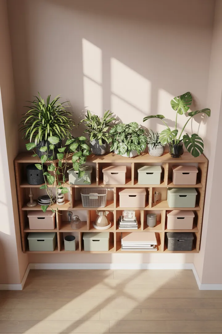 Ein stilvolles Wandregal aus Holz mit dekorativen Kisten, ideal zur Aufbewahrung und Präsentation von Gegenständen in einem modernen Raum.