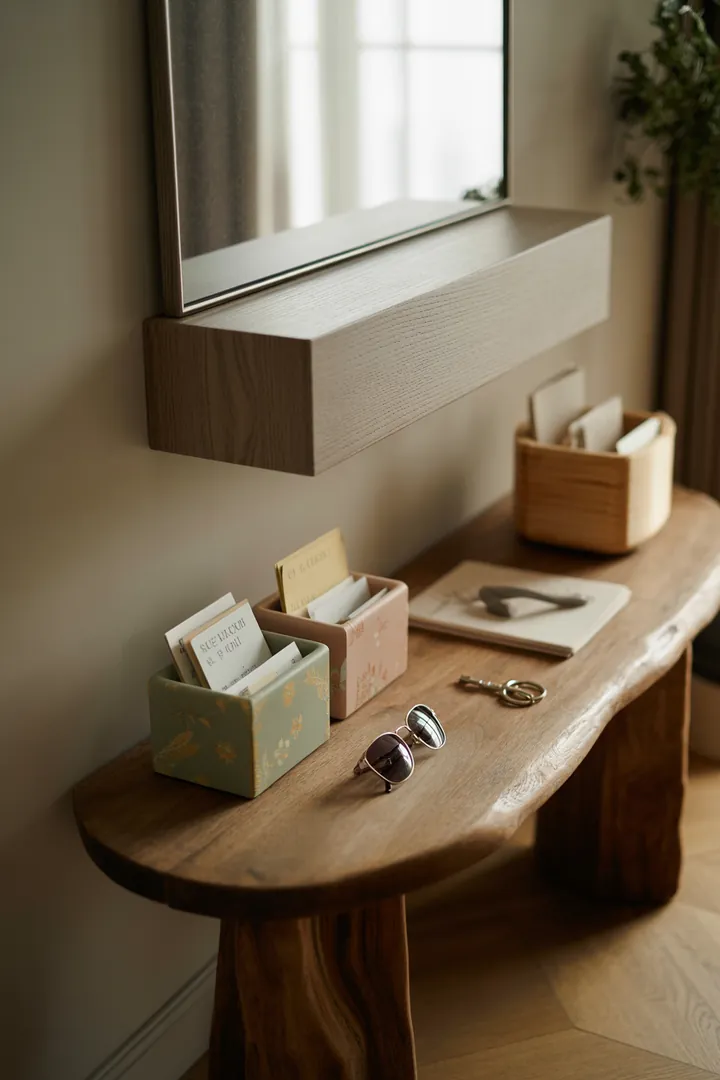 Ein stilvolles Wandregal aus Holz mit dekorativen Kisten, das eleganten Stauraum bietet und eine moderne Wohnatmosphäre schafft. Ideal für Bücher und Accessoires.