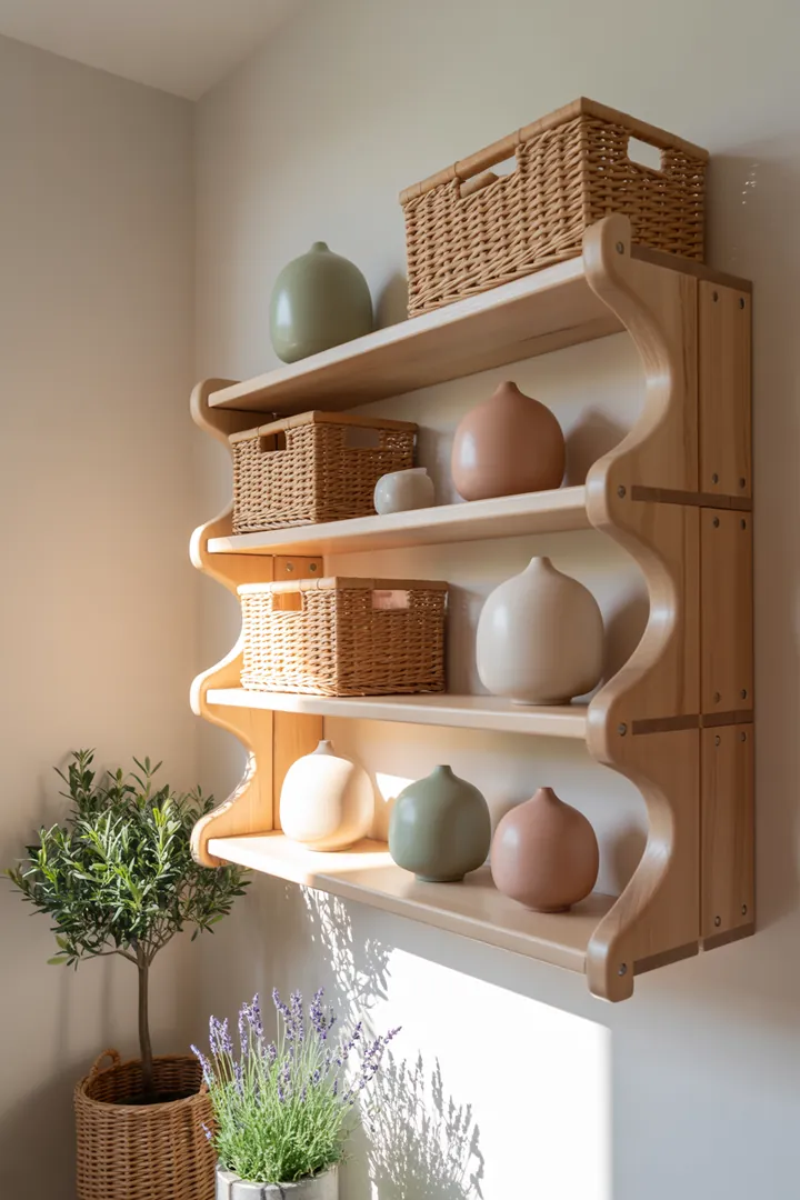 Ein stilvolles Wandregal aus Holz, das mit dekorativen Kisten gefüllt ist, bietet funktionalen Stauraum und einen modernen Akzent für jeden Raum.