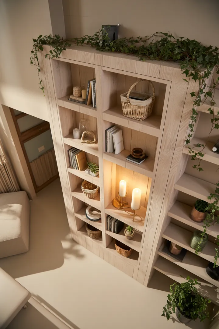 Ein stilvolles Wandregal aus Holz mit dekorativen Kisten, das gleichzeitig als praktischer Schrank dient und den Raum aufwertet.