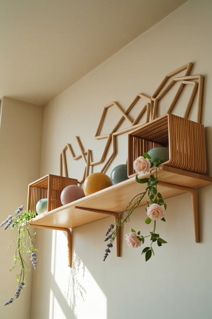 Kreative Aufbewahrungslösung mit einem stilvollen Wandregal, das dekorative Kisten und einen modernen Schrank kombiniert, um Ordnung und Eleganz zu schaffen.