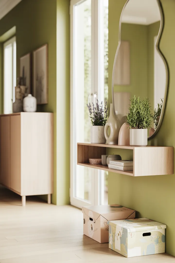 Ein stilvolles Wandregal aus Holz, das Kisten beherbergt und ideal als dekorativer Schrank für Bücher und Accessoires dient.