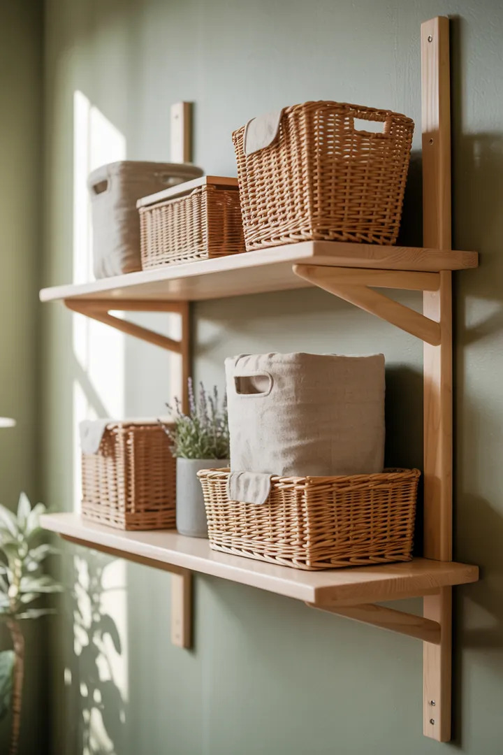 Ein stilvolles Wandregal aus Holz mit mehreren Kisten, ideal zur Aufbewahrung und Dekoration in einem modernen Wohnraum.