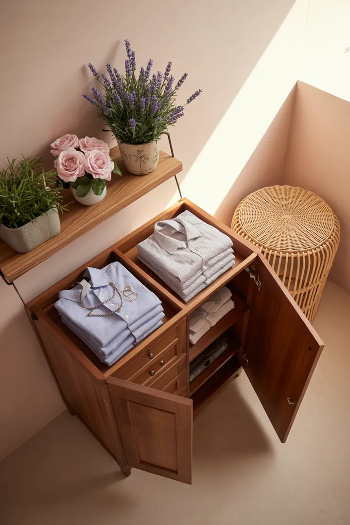 Ein stilvolles Wandregal aus Holz, das in einem modernen Raum mit dekorativen Kisten und einem eleganten Schrank kombiniert ist.