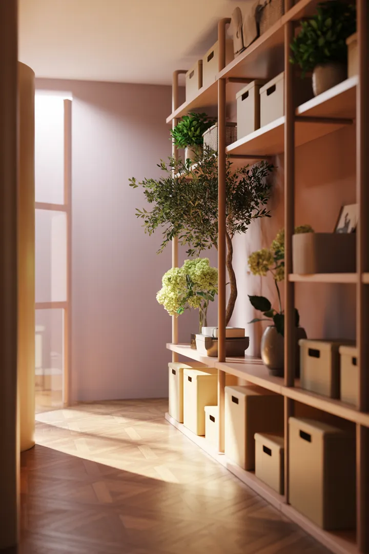 Modernes Wandregal mit stilvollen Kisten, ideal zur Aufbewahrung und Dekoration in einem eleganten Raum. Perfekt für die Nutzung als Schrank oder Regal.