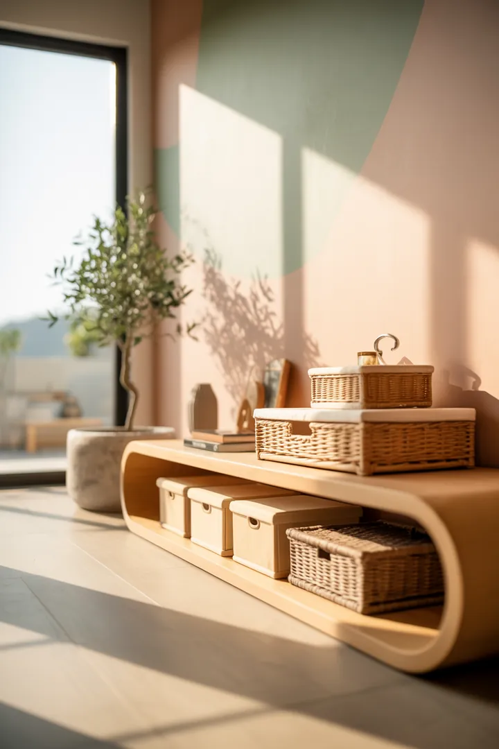 Ein stilvolles Wandregal aus Holz, das dekorative Kisten elegant präsentiert und optimalen Stauraum bietet, ideal für jeden Raum.