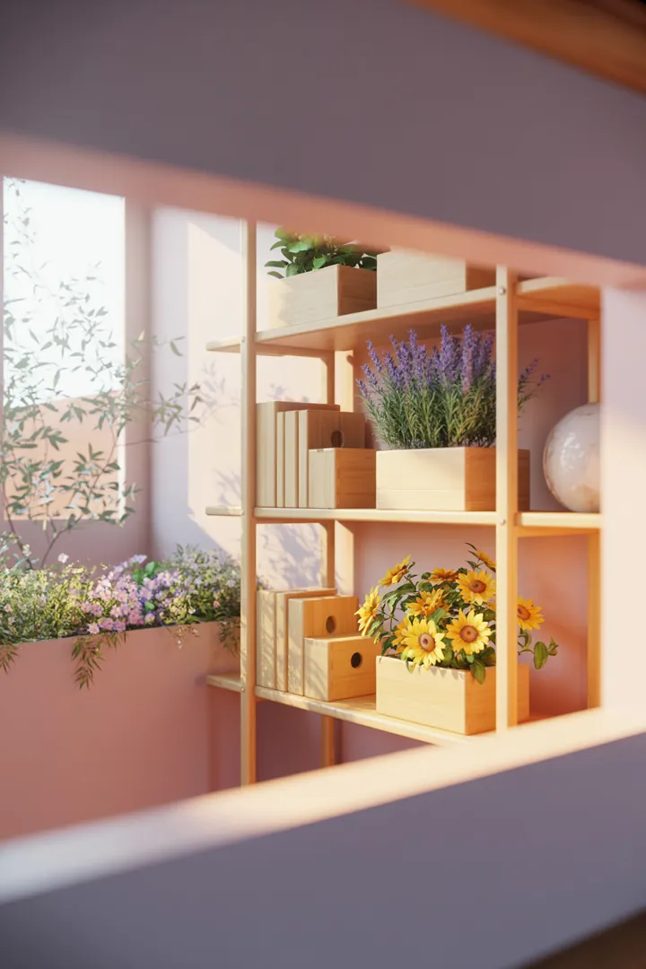 Ein stilvolles Wandregal aus Holz mit dekorativen Kisten, die in einem modernen Raum harmonisch angeordnet sind, bietet praktischen Stauraum und ansprechende Gestaltung.