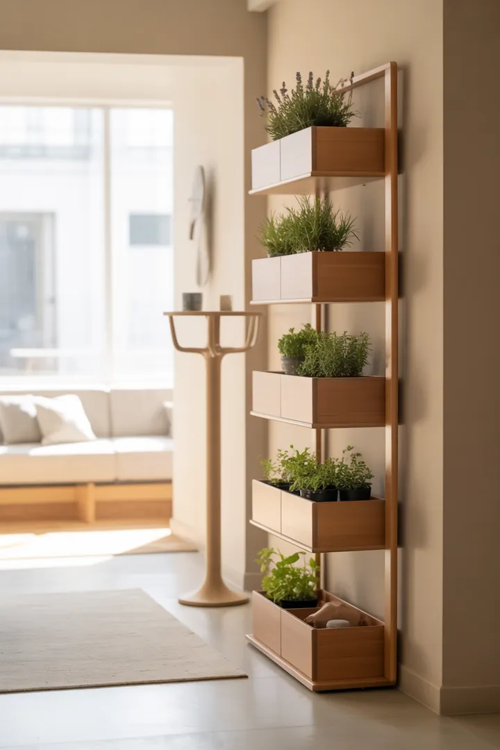 Ein stilvolles Wandregal mit verschiedenen Kisten bietet praktischen Stauraum und dekorative Akzente in einem modernen Raum.