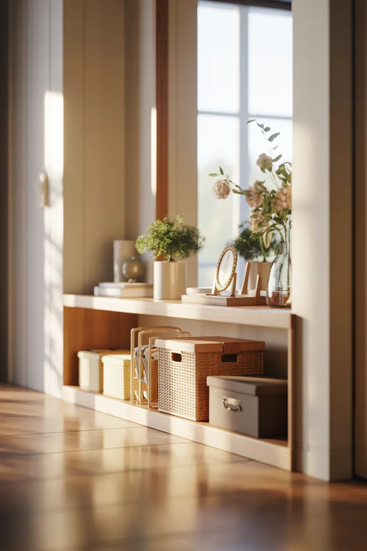 Ein stilvolles Wandregal aus Holz, gefüllt mit dekorativen Kisten, bietet eine praktische Lösung zur Aufbewahrung und Organisation in jedem Raum.