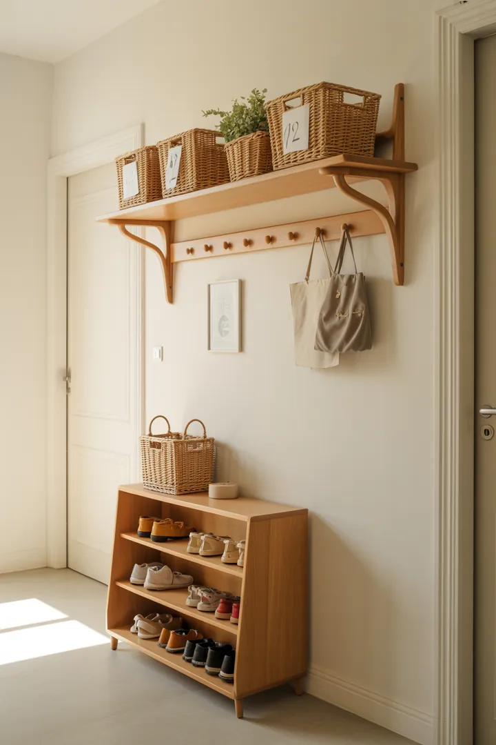 Ein stilvolles Wandregal aus Holz, das mit dekorativen Kisten gefüllt ist, bietet praktischen Stauraum und verleiht jedem Raum Flair.