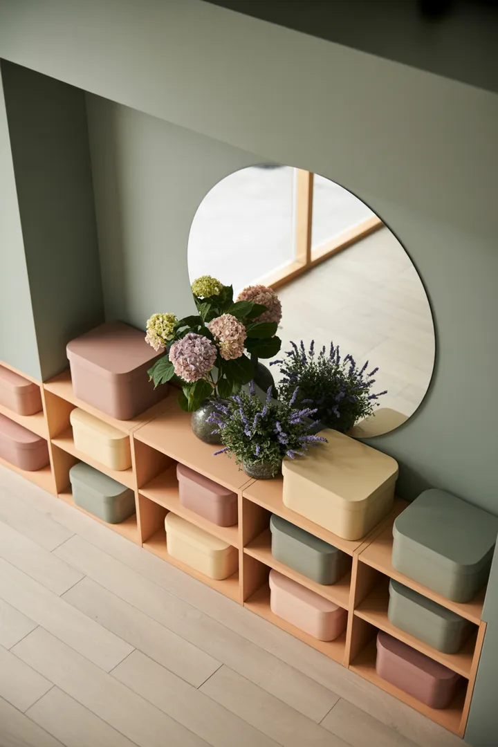 Modernes Wandregal aus Holz mit stilvollen Kisten und einem eleganten Schrank, ideal zur Aufbewahrung und Dekoration.