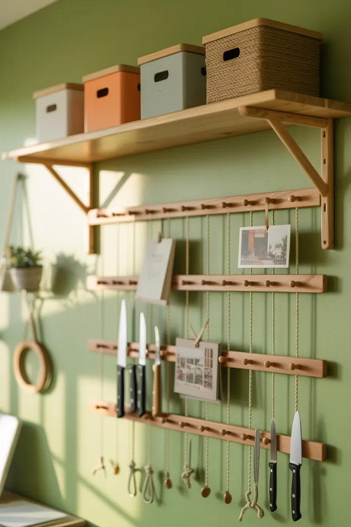 Ein stilvolles Wandregal aus Holz, das verschiedene Kisten organisiert und zusätzlichen Stauraum bietet, ideal für jedes moderne Zuhause.